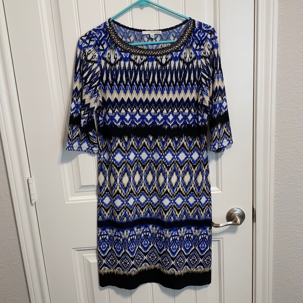 Blue patterned dress with Beaded neckline